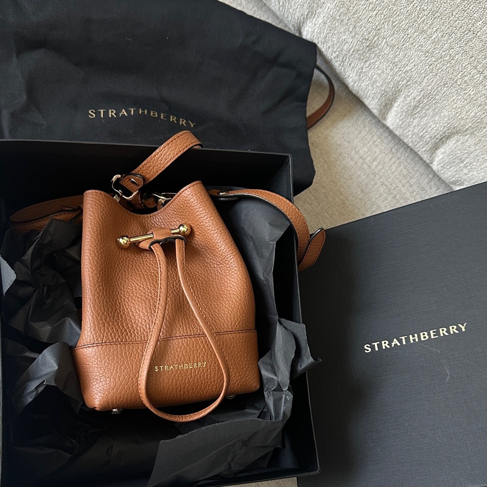 Strathberry Brown Pebbled Leather Mini Drawstring Bucket Bag with Gold Hardware
